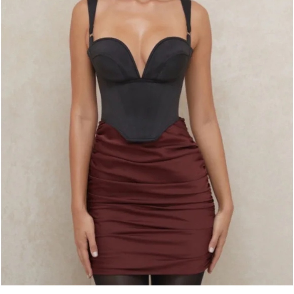 NWT House of CB “Keeley” Raisin Satin Ruched Mini Skirt - M